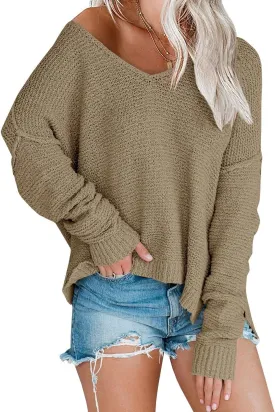 Womens Off Shoulder Knit Sweaters Oversized V Neck Long Sleeve Loose Lightweight Pullover Tops
