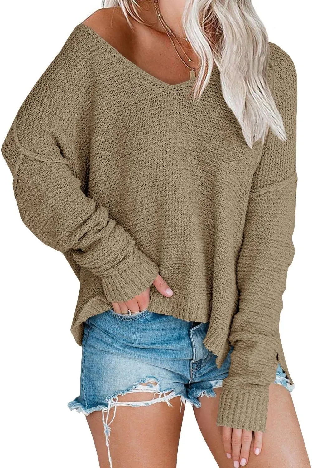 Womens Off Shoulder Knit Sweaters Oversized V Neck Long Sleeve Loose Lightweight Pullover Tops