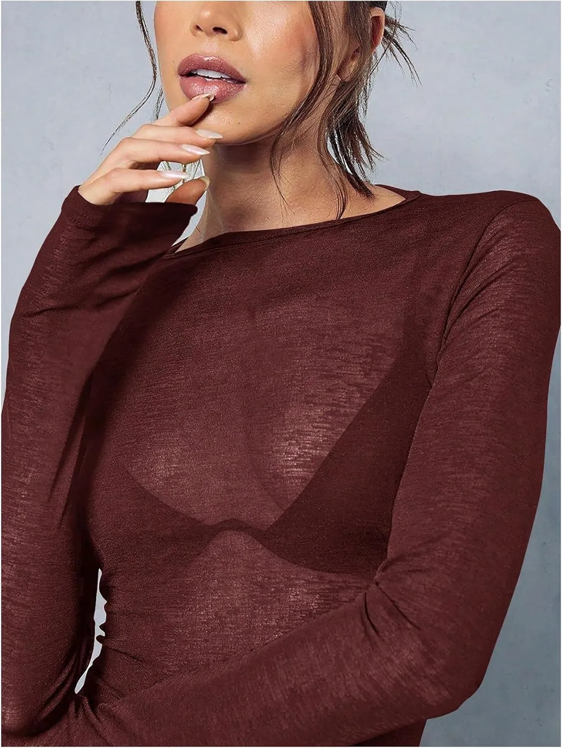 Women's Sheer Mesh Long Sleeve T Shirts Boat Neck Slim Fit Tee Tops Going Out See Through Shirts