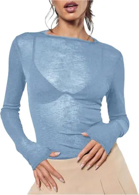 Women's Sheer Mesh Long Sleeve T Shirts Boat Neck Slim Fit Tee Tops Going Out See Through Shirts