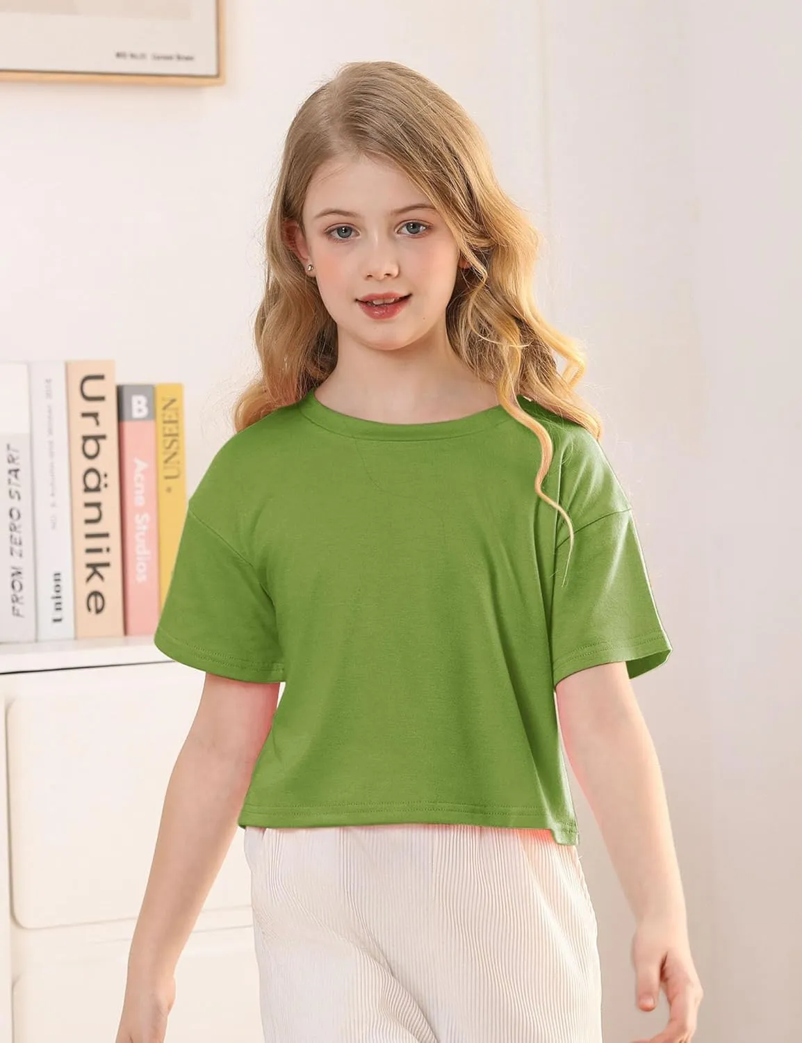 Yuccalley Girls Summer Round Neck Short Sleeve Crop Tees Casual Loose Fit Tees