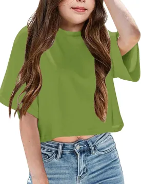 Yuccalley Girls Summer Round Neck Short Sleeve Crop Tees Casual Loose Fit Tees