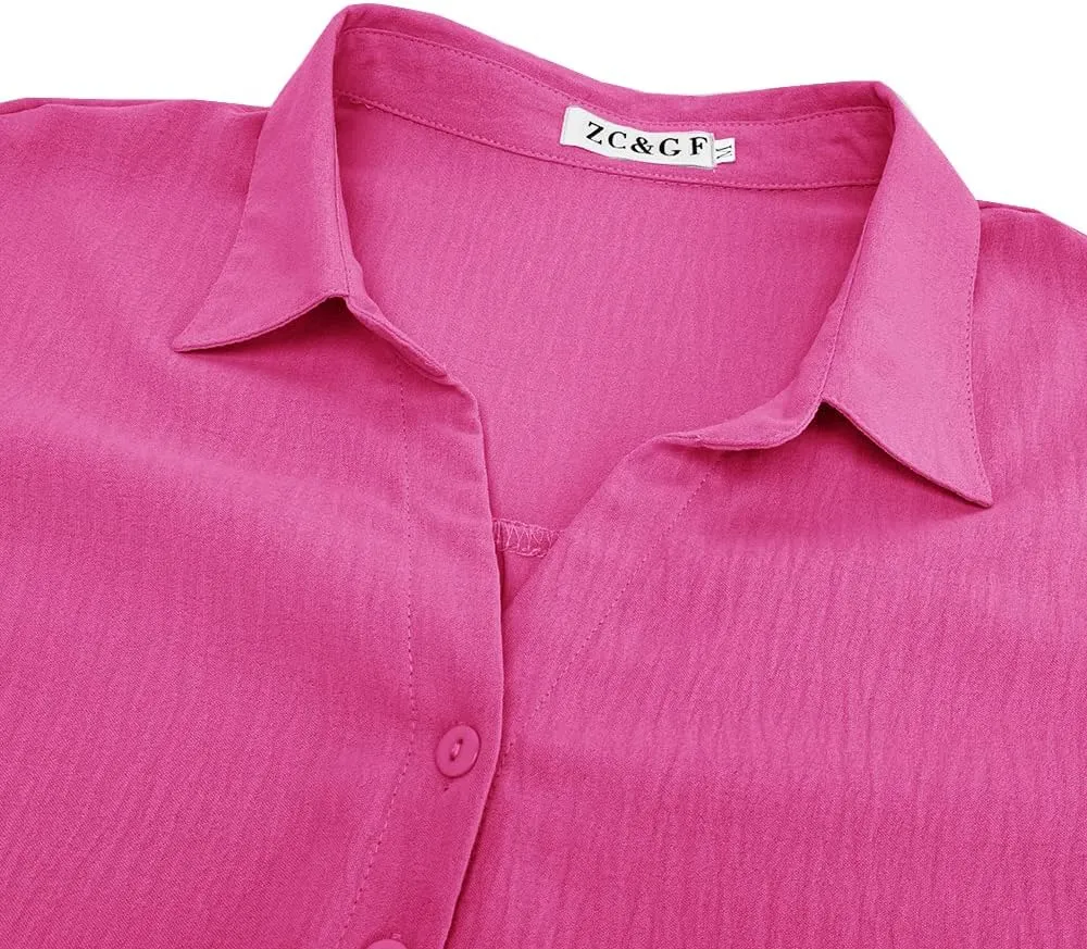 ZC&GF Women's V Neck Short Sleeve Button Down Shirts Casual Chiffon Blouses Tops