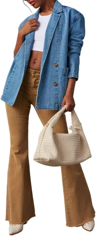 ZOCAVIA Women's Denim Blazer Business Casual Lapel Double Breasted Blazer Long Sleeve Slim Jean Blazer Jacket with Pockets