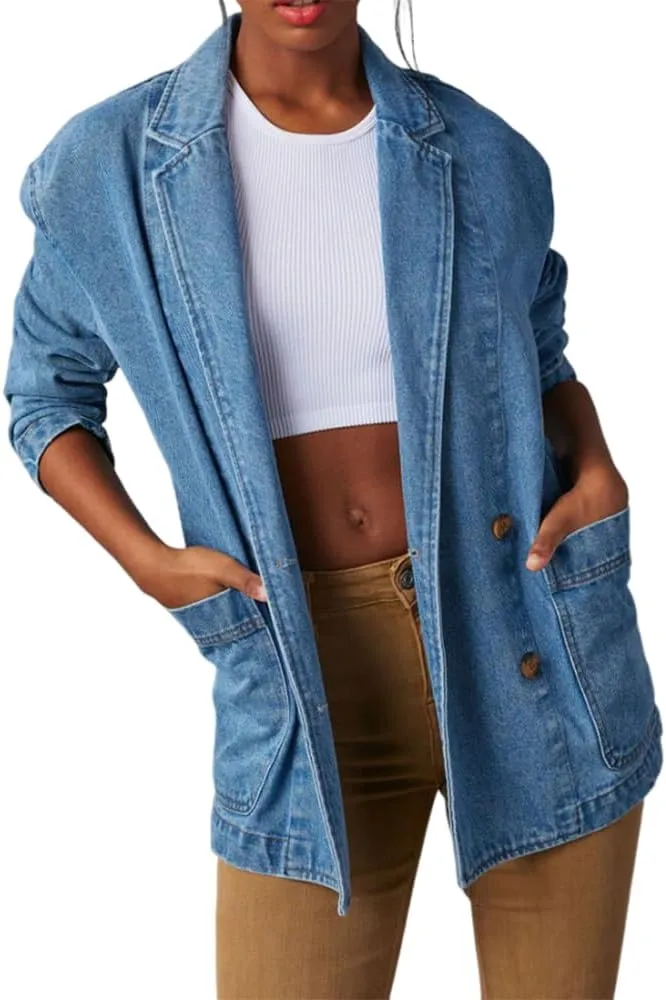ZOCAVIA Women's Denim Blazer Business Casual Lapel Double Breasted Blazer Long Sleeve Slim Jean Blazer Jacket with Pockets