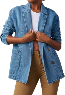 ZOCAVIA Women's Denim Blazer Business Casual Lapel Double Breasted Blazer Long Sleeve Slim Jean Blazer Jacket with Pockets