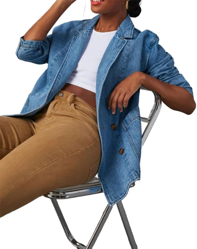 ZOCAVIA Women's Denim Blazer Business Casual Lapel Double Breasted Blazer Long Sleeve Slim Jean Blazer Jacket with Pockets