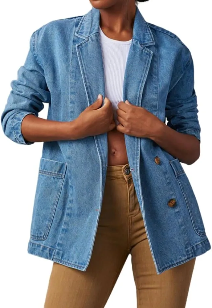 ZOCAVIA Women's Denim Blazer Business Casual Lapel Double Breasted Blazer Long Sleeve Slim Jean Blazer Jacket with Pockets