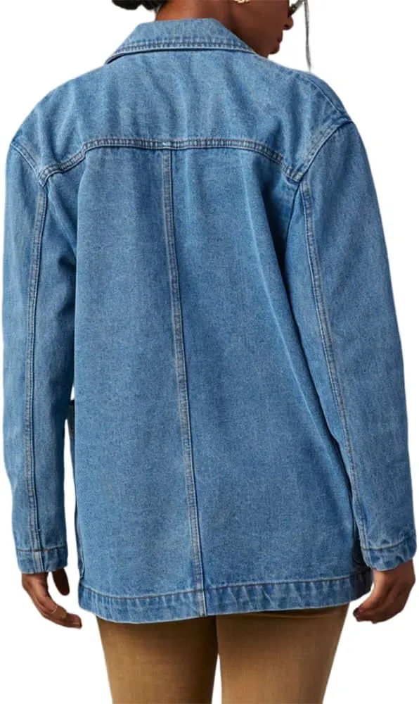 ZOCAVIA Women's Denim Blazer Business Casual Lapel Double Breasted Blazer Long Sleeve Slim Jean Blazer Jacket with Pockets